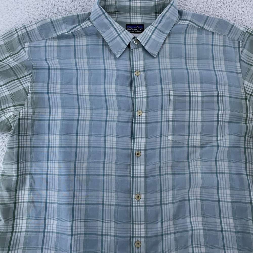 Patagonia Shirt Mens XL Blue Green Plaid Organic Cotton Short Sleeve Button Up